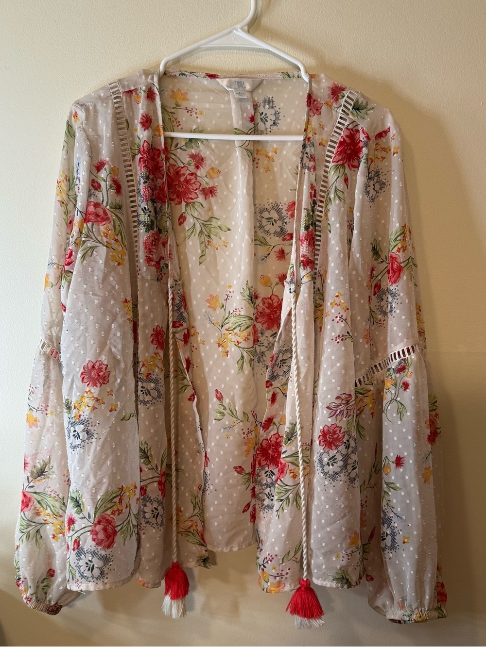 Time and Tru Cream Sheer Floral Open-Front Tunic with Red Tassels